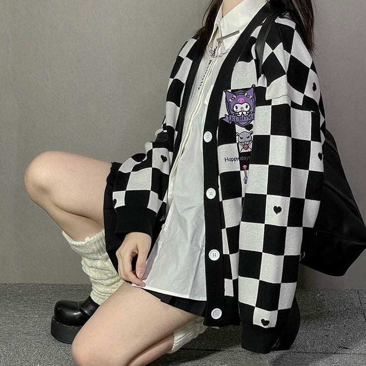 Kuromi Black Checker Cardigan Sweater