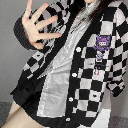 Kuromi Black Checker Cardigan Sweater