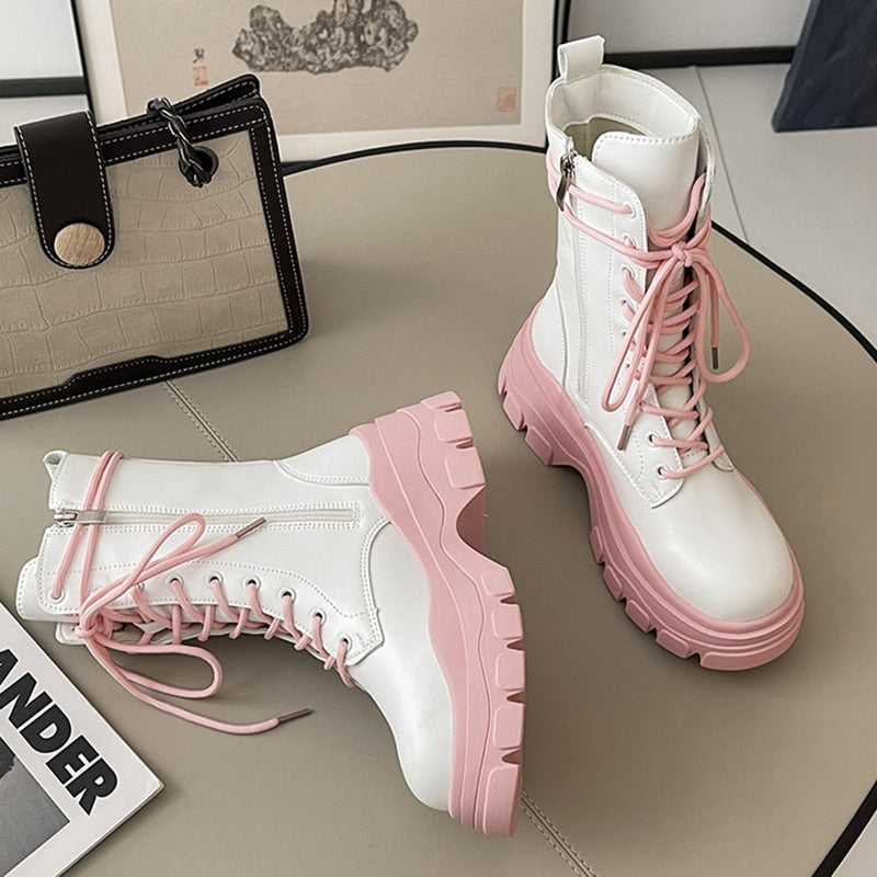 Pink Chunky Platform Ankle Boots