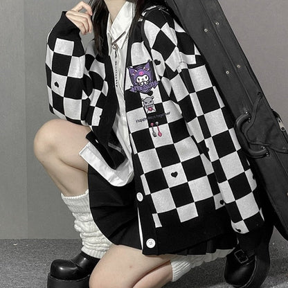 Kuromi Black Checker Cardigan Sweater