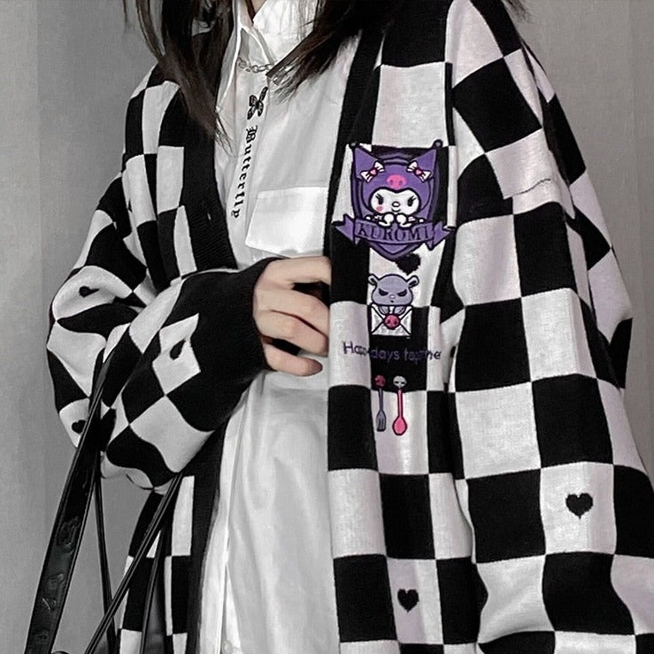 Kuromi Black Checker Cardigan Sweater