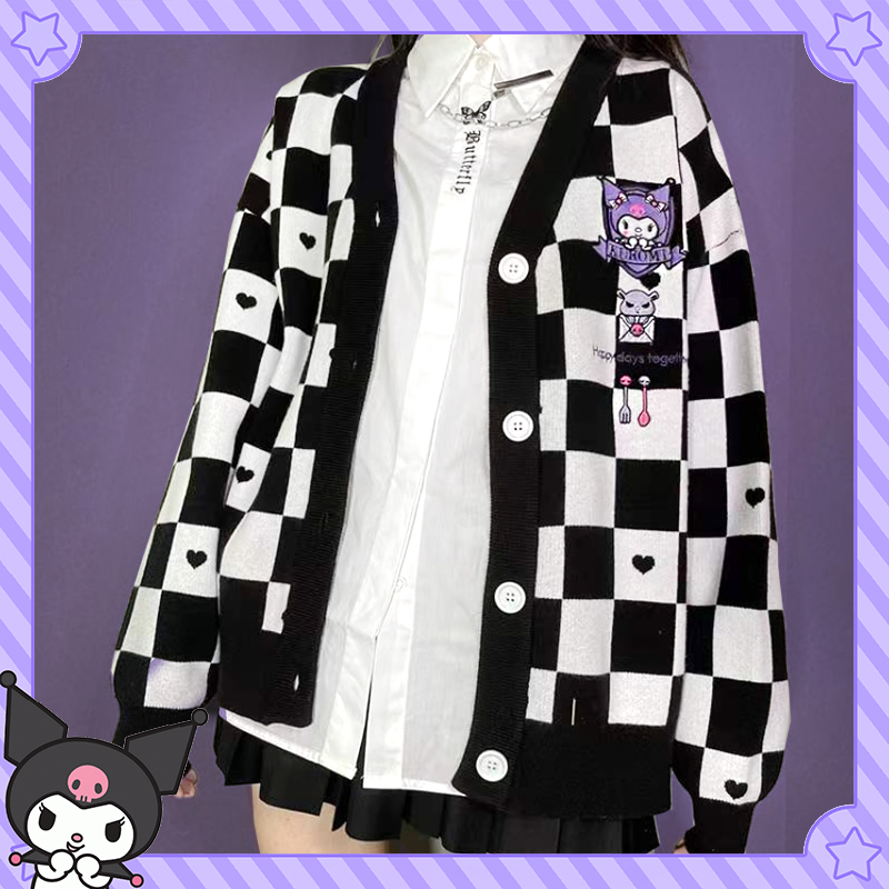 Kuromi Black Checker Cardigan Sweater