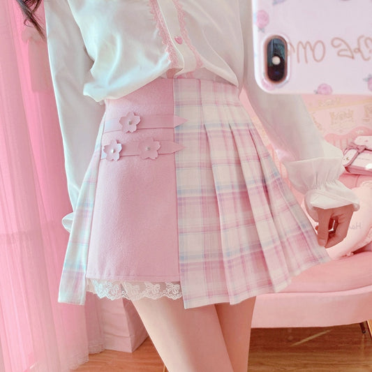 Kawaii Plaid Mini Skirt Split Soft Pink